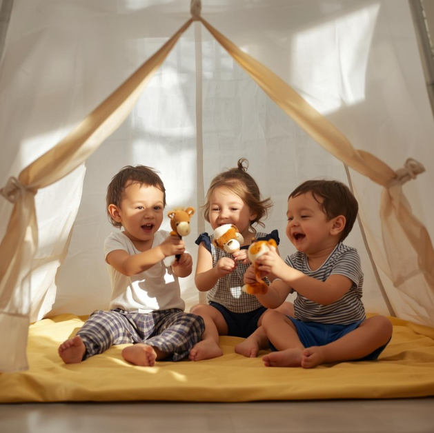 Drie jonge kinderen zitten in een tent en spelen samen met knuffeldieren.