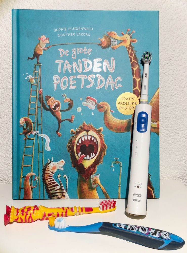 Een kinderboek 'De grote tandenpoetsdag' met drie tandenborstels voor een witte muur.