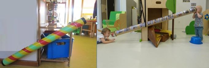 Twee afbeeldingen tonen een kleurrijke buis die schuin is opgesteld in een speelruimte voor kinderen.