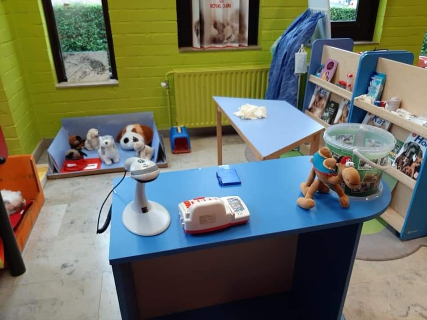 Speelgoedwinkel met blauwe toonbank, speelgoedbeesten en boeken in een felgeel lokaal.